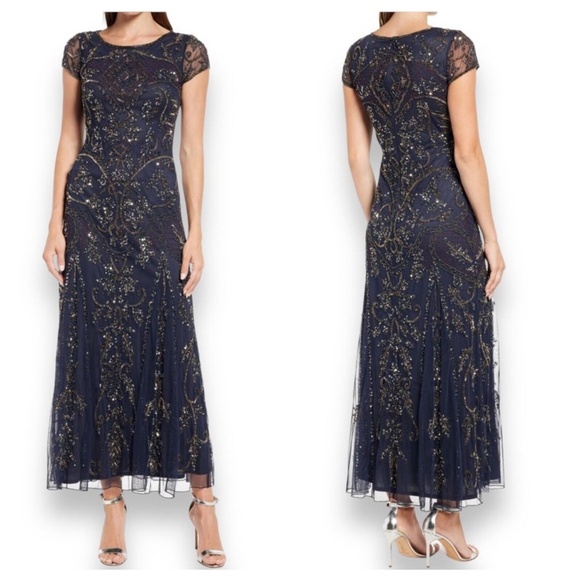 NWT Pisarro Nights Beaded Mesh Midi Dress Navy - size 8